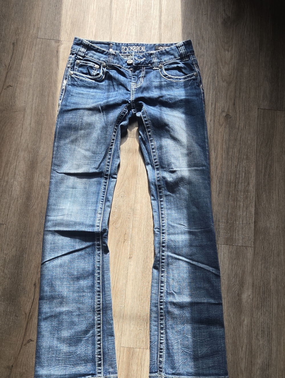 Rock & Roll Cowgirl Distressed Blue Flare Jeans